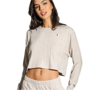 Champion Beige Ribbed Knit Long Sleeve Cropped Athleisure Casual Top Size Medium